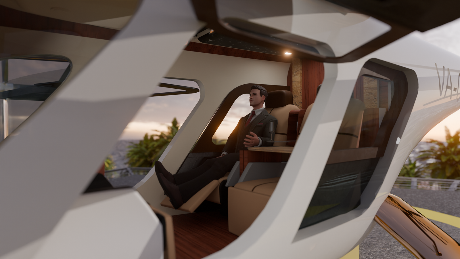 Passenger seated by a panoramic window with the city below at golden hour
